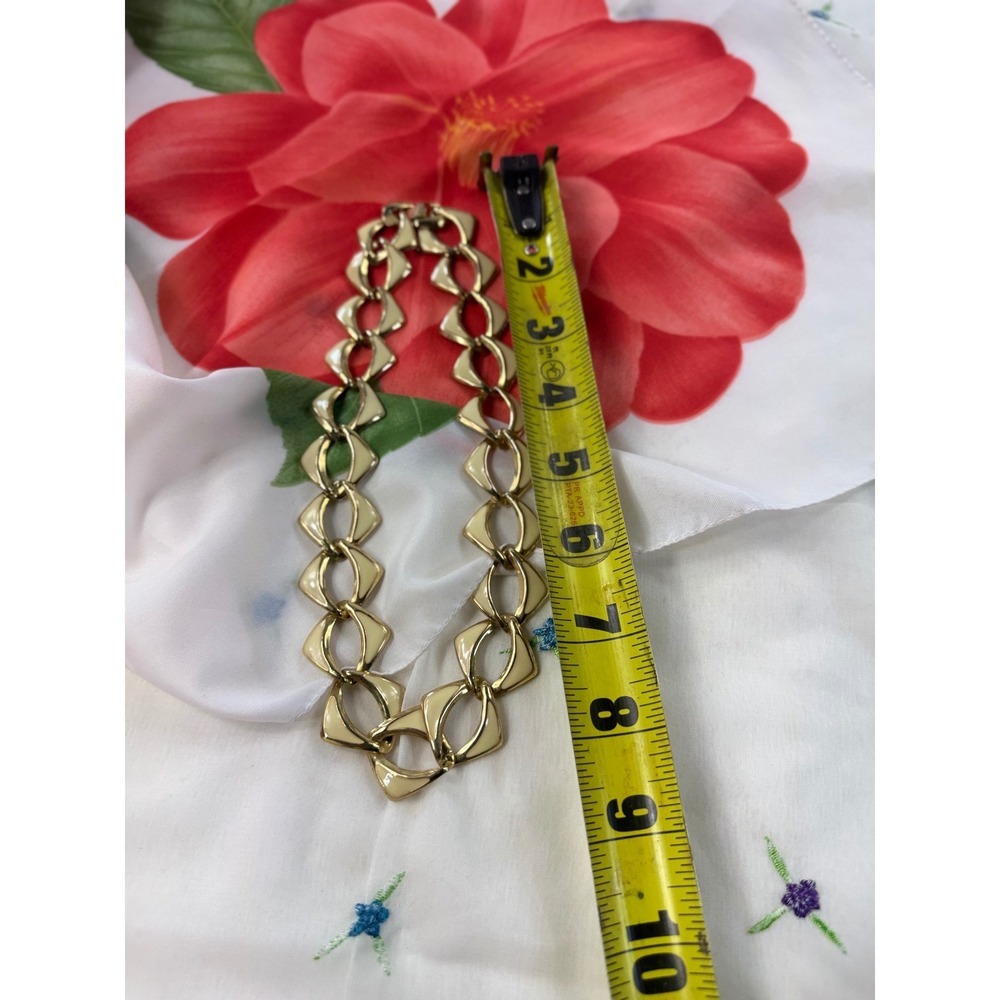 Vintage Gold Tone Cream Enamel Geometric Link Collar Necklace Retro Bold - Picture 6 of 7